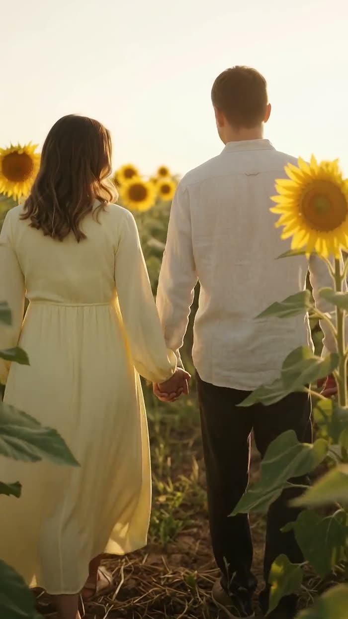 An expecting couple walking through a sunflower field