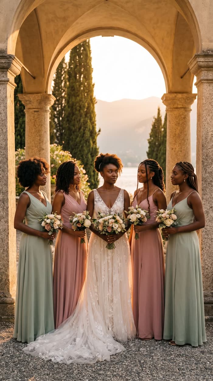 A bride with four bridesmaids in sage and rose gowns