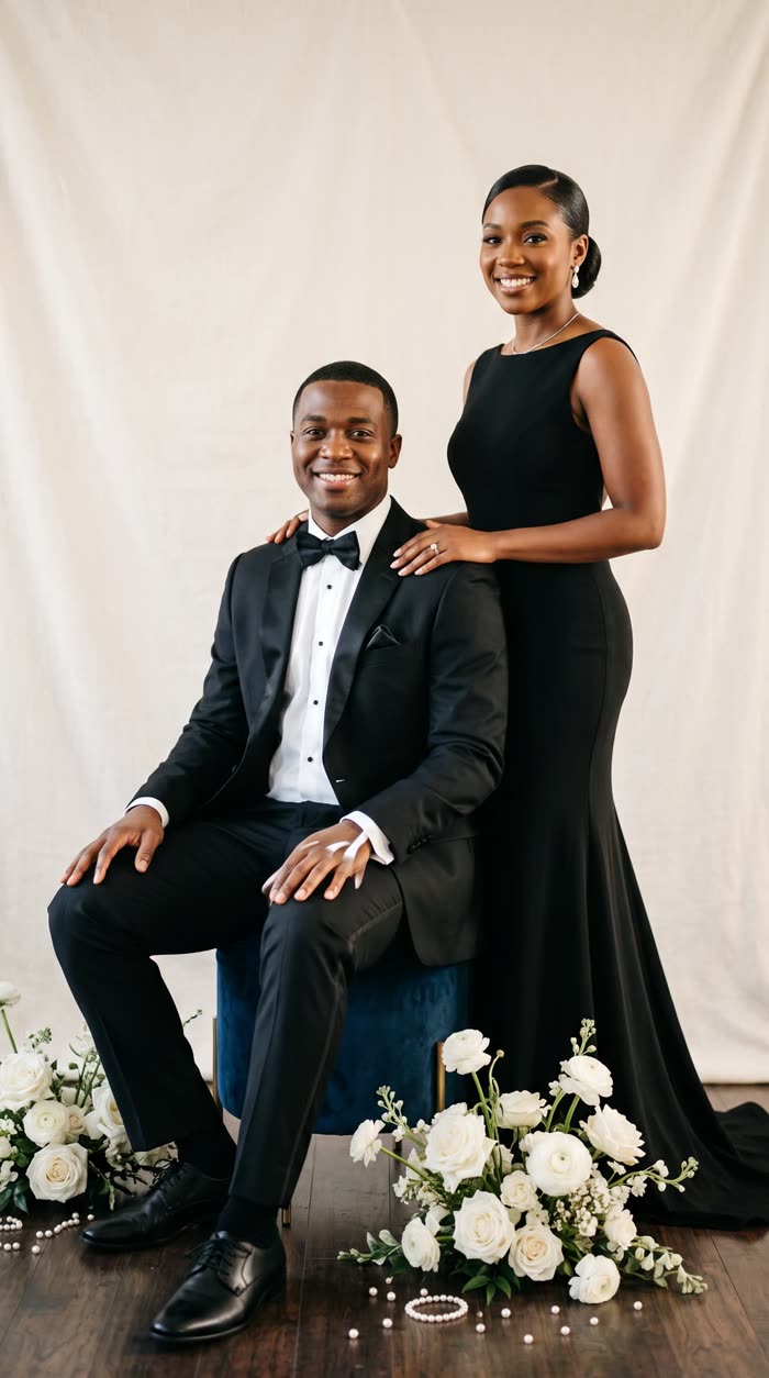 A couple in black tie posing with white roses